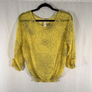 Seven Times Seven Blouse Women's Small Yellow Floral Sheer Round Neck 3/4 Sleeve
